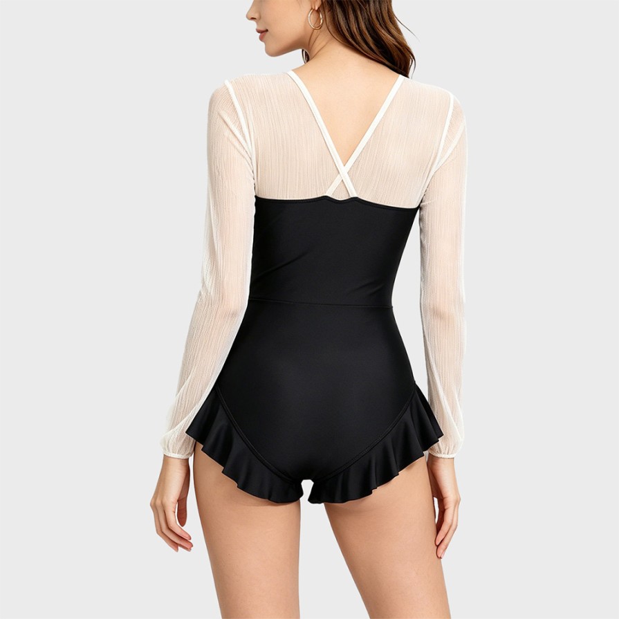 Retro Patchwork Long Sleeve Swimsuit
