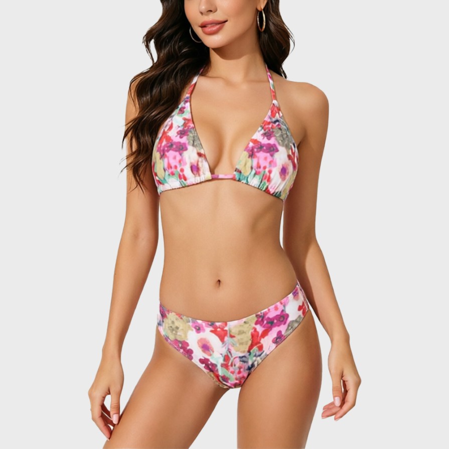 Printed V-Neck Long Sleeve Two-Piece Swimsuit