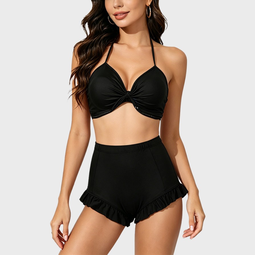 Slimming and Belly-Covering V-Neck Two-Piece Swimsuit Set