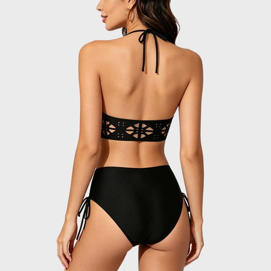 Deep V Hollow High-Waist Two-Piece Swimsuit Set