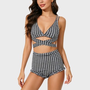 Houndstooth High-Waist Two-Piece Swimsuit