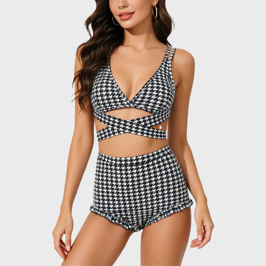Houndstooth High-Waist Two-Piece Swimsuit