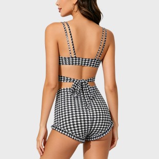 Houndstooth High-Waist Two-Piece Swimsuit