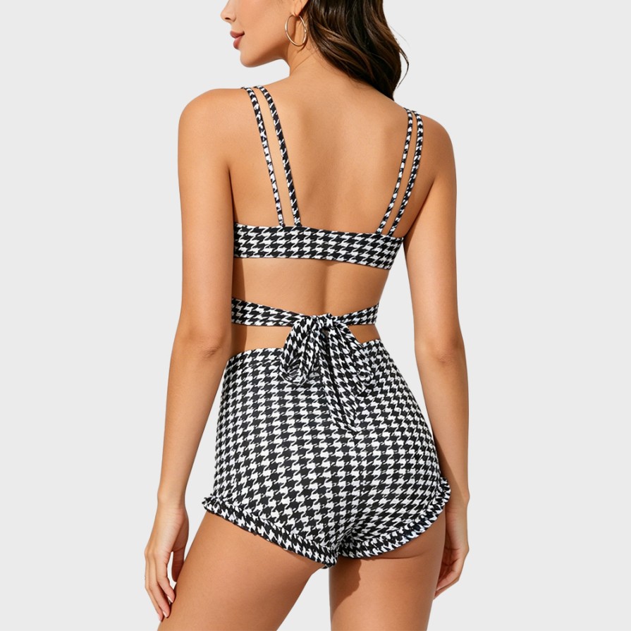 Houndstooth High-Waist Two-Piece Swimsuit
